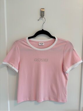 Glossier Pink Crop Ringer Tee with White Trim